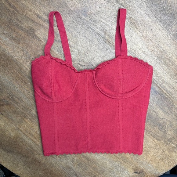 SANDRO Paris Bustier Tank Top Size 1 US Size Small Red Ribbed Crop Sexy Romantic - Picture 1 of 7